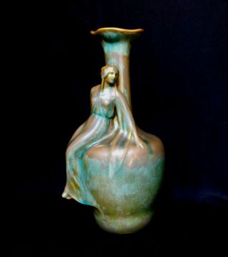 Antique Zsolnay Art Nouveau Irisdecent Pottery Lady Sitting On A Vase Pre - Wwii