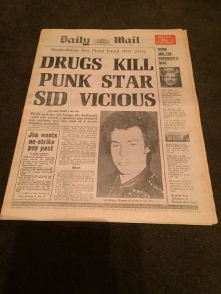 Very Rare Sid Vicious Dead Newspaper (daily Mail) 3/2/1979 Punk,  Sex Pistols.