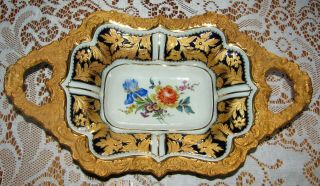 Ornate Rococo Meissen 1st Quality Majesty Royal Blue Handled Bowl Gold Gilt 14”