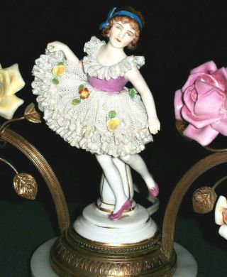 Antique German Art Deco Dresden Lace Girl Doll Ormolu Porcelain Lamp Figurine
