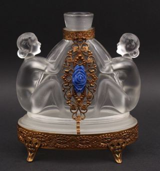 Antique Art Deco Period Czech Frosted Glass Perfume Bottle,  Nude Women