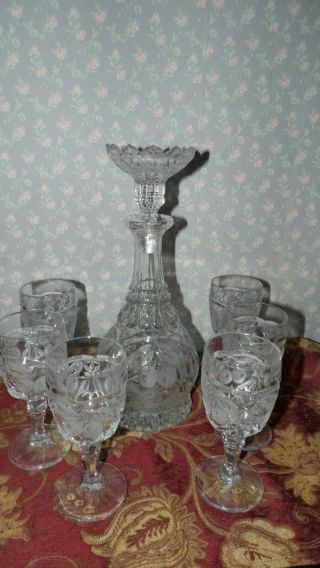 Vintage Lead Crystal Etched Cherries Design Wine Decanter And 6 Wine Glasses Set
