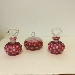 Fenton Cranberry Opalescent Heart Optic Dresser Set