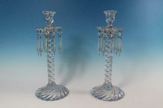 Pr Fostoria Queen Ann Colony Candle Stix Glass W/ Bobeche 14 - 1/4 " Tall
