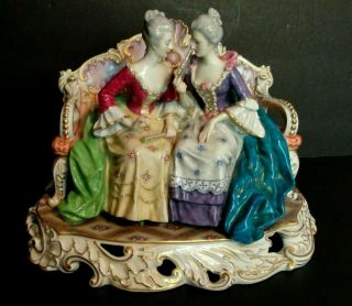 Antique Capodimonte Porcelain Italy Ladies Sitting On Sofa Figurine