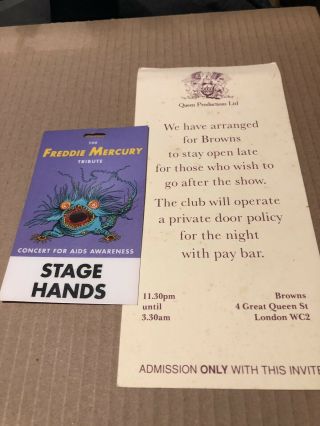 Queen Freddie Mercury Tribute Concert 1992 Offical After Show Invite,  Stage Pas