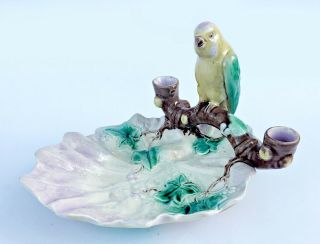 Rare 19th Century English Majolica Serving Dish Parrot On Branch Posy Holder