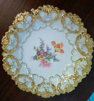 Meissen Rococo Raised Gold Gilt Cabinet Plate / Bowl Floral 10 1/2 " 1st Quality