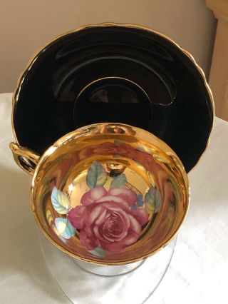 Paragon England Large Floating Rose Black Gold Tea Cup & Saucer 10