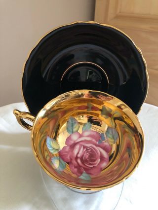 Paragon England Large Floating Rose Black Gold Tea Cup & Saucer 12