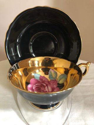 Paragon England Large Floating Rose Black Gold Tea Cup & Saucer 4