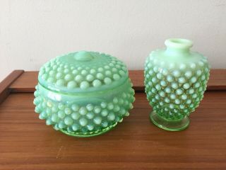 Vintage Fenton Opalescent Green Hobnail Powder Jar & Perfume Bottle Vase