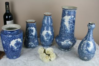 Set 5 Antique Royal Bonn Blue White Flamand Decor Nature Theme Vases Marked