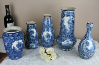 Set 5 Antique Royal bonn Blue white flamand decor nature theme Vases marked 2