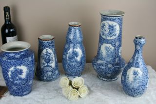 Set 5 Antique Royal bonn Blue white flamand decor nature theme Vases marked 3