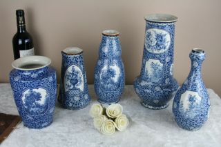 Set 5 Antique Royal bonn Blue white flamand decor nature theme Vases marked 4