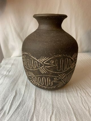 Scheier Studio Pottery Mid Century Modern Incised Fish Brown Ceramic Vase