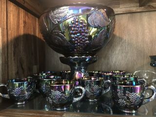 Carnival Glass Punch Bowl Set Amethyst Purple Smith Grape