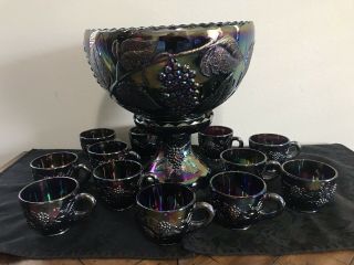 Carnival Glass Punch Bowl Set Amethyst Purple Smith Grape 4