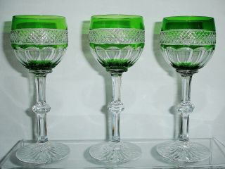 Three Saint Louis Trianon Green Cut To Clear Wine Glasses
