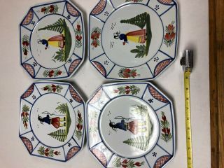 Set 4 Signed Henriot Quimper France Painted Ceramic Breton Dinner Plates 7
