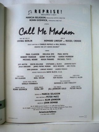 CALL ME MADAM Playbill KAREN MORROW / MICHAEL NOURI / IRVING BERLIN LA 2000 2