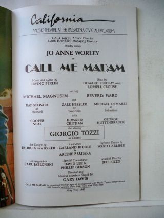 CALL ME MADAM Playbill JO ANNE WORLEY / GIORGIO TOZZI / IRVING BERLIN CA 1987 2