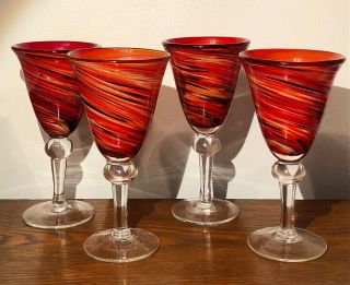 Murano Art Glass Goblet Hand Blown Stemware Red Orange And Black Swirls Vintage