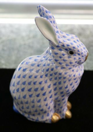 Herend Figurine - Bunny/rabbit Both Ear Up Blue Fishnet Vintage Hungary Handpaint