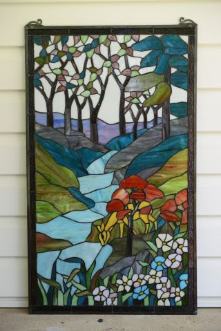 20 " X 34 " Large Handcrafted Stained Glass Window Panel Deer Drinking Water,  Tmi446