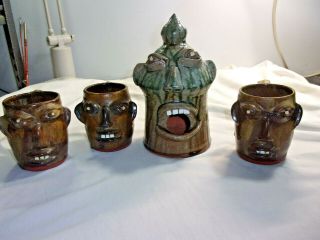 Great Walter Fleming Folk Art Pottery Face Bird House,  3 Face Mugs Look