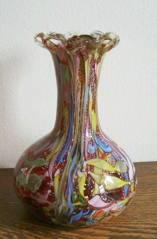 Large Avem Vintage Murano Glass Tutti Frutti Vase In Red Gold Ribbon Latticino