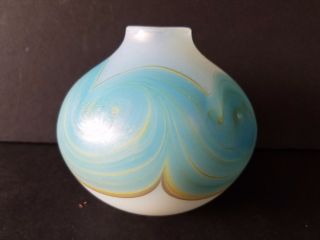 Vase Opalescent Pulled Feather Studio Art Glass Signed 1972 Mark Peiser 4 " H