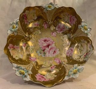 Important Rare Antique Exquisite Rs Prussia Ornate Gilt Roses Cabinet Bowl Big