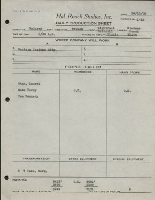 1928 Laurel And Hardy Orig Hal Roach Studios Daily Production Sheet Dir Mccarey