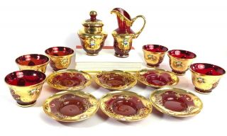 13 Pc Vintage Italian Venetian Murano Glass 24k Gold Ruby Red Hand Painted Set