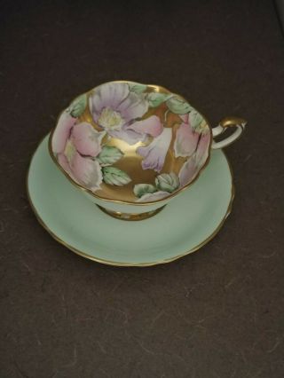 Paragon Teacup And Saucer - Pale Green,  Gold Cup Interior With Flowers