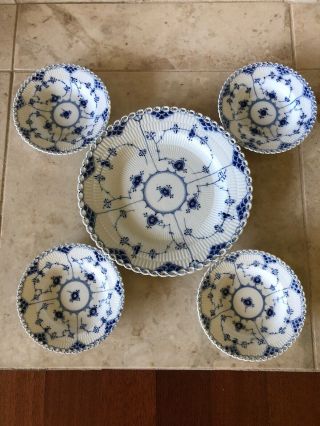 4 Berry Plates 1081 - Blue Fluted - Royal Copenhagen - Full Lace And 1084
