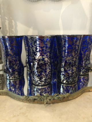 Vintage Cambridge? Glass Cobalt Blue Silver Overlay Set 6 Tall Tumblers Drinking