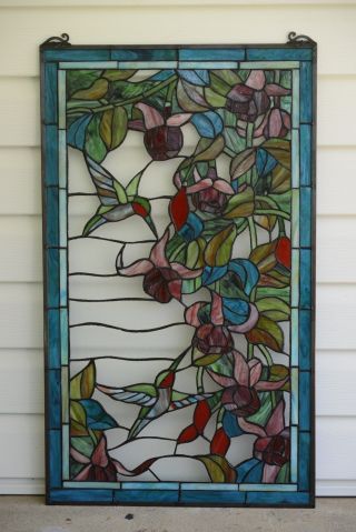 Large Handcrafted Stained Glass Window Panel Hummingbirds & Flower,  20 " X 34 "