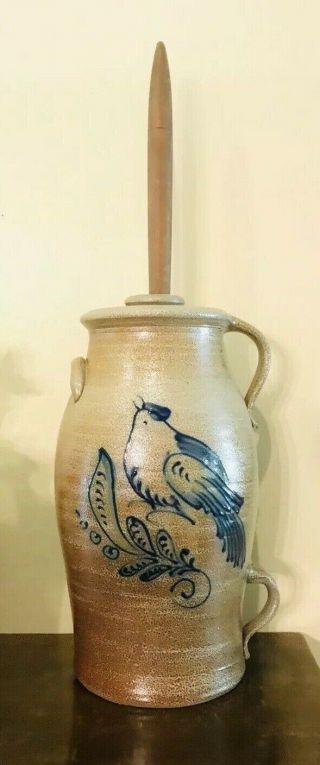 Rowe Pottery Butter Churn Salt Glazed Blue Bird Stoneware 2001 Historical