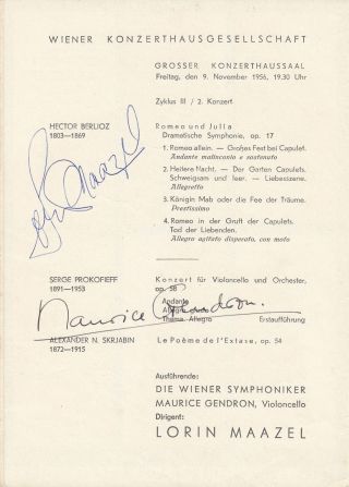 Maurice Gendron Cello Lorin Maazel Berlioz Prokofiev Vienna 1956 Program Signed