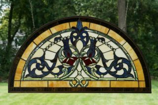 Half Round Handcrafted Stained Glass Window Beveled Glass Panel,  34 " X 18.  25 "