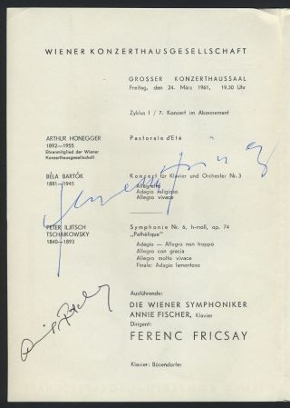 Annie Fischer (pianist) & Ferenc Fricsay (conductor) : Signed Program