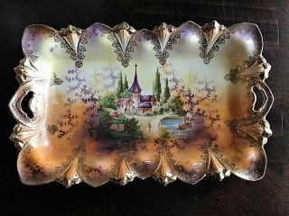 Rs Prussia " Sawtooth " Mold 98 " Summer Castle Scene " Handle Dresser Tray Marked