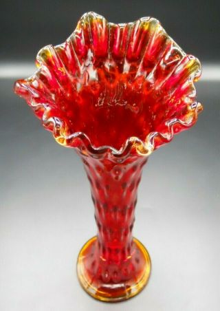 Rare Vintage Fenton Ruby Red Amberina Crimped Top Rustic Vase (non Carnival)