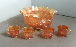 Vintage Imperial Marigold Carnival Glass Punch Bowl W/ 4 Handle Mugs - Mm