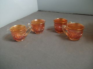 VINTAGE IMPERIAL MARIGOLD CARNIVAL GLASS PUNCH BOWL W/ 4 HANDLE MUGS - mm 7