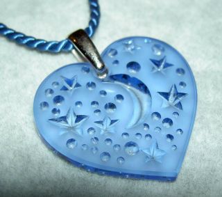 Authentic Lalique Sapphire Blue Moon Star Heart Crystal Pendant Necklace W/box