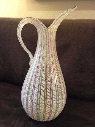 Large Murano Venetian Ribbon Glass Mid - Century Toso Latticino Pitcher Vase